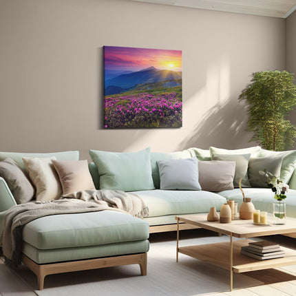 Canvas schilderij woonkamer Roze Rhododendron Bloemenveld - Bergen