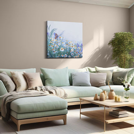 Canvas schilderij woonkamer Witte Kamille Bloemen Met Een Vlinder