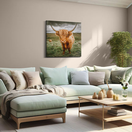 Canvas schilderij woonkamer Schotse Hooglanders In De Wei - Kleur