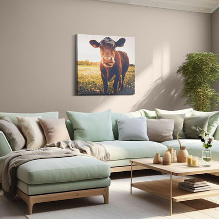 Canvas schilderij woonkamer Koe In De Wei Tijdens Zonsondergang