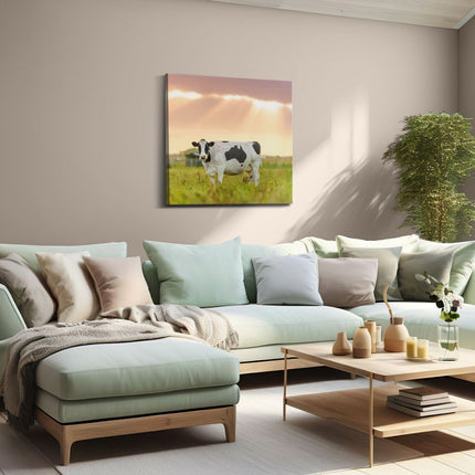 Canvas schilderij woonkamer Zwart Wit Koe In De Wei Bij Zonsopkomst