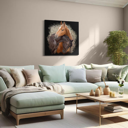 Canvas schilderij woonkamer Twee Getekende Knuffelende Paarden - Abstract