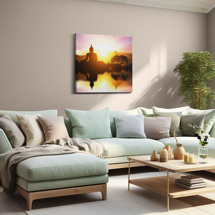 Canvas schilderij woonkamer Silhouet Van Boeddha Beeld Met Zonsondergang