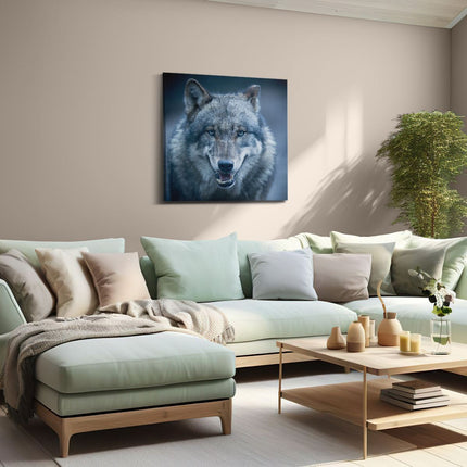 Canvas schilderij woonkamer Wolvenkop Met Blauwe Ogen - Wolf