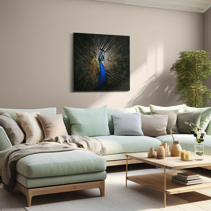 Canvas schilderij woonkamer Blauwe Pauw Met Grote Veren