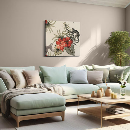 Canvas schilderij woonkamer Tropische Bloemen Met Apen Achtergrond