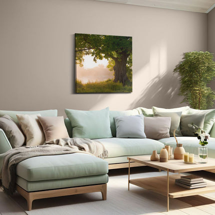 Canvas schilderij woonkamer Eikenboom Aan Het Water Met Volle Bladeren