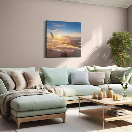 Canvas schilderij woonkamer Vliegtuig In De Lucht Met De Zon