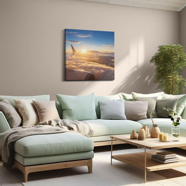 Canvas schilderij woonkamer Vliegtuig In De Lucht Met De Zon
