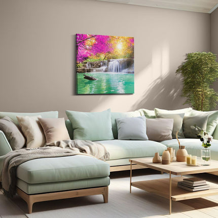 Canvas schilderij woonkamer Waterval Met Groen Water En Roze Bladeren