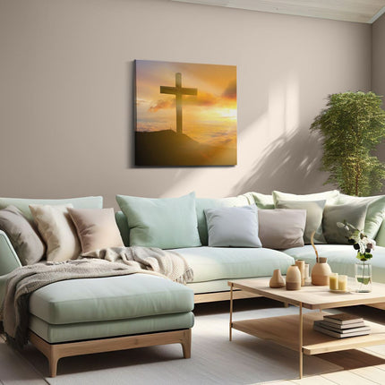 Canvas schilderij woonkamer Kruis van Jezus Christus bij Zonsondergang