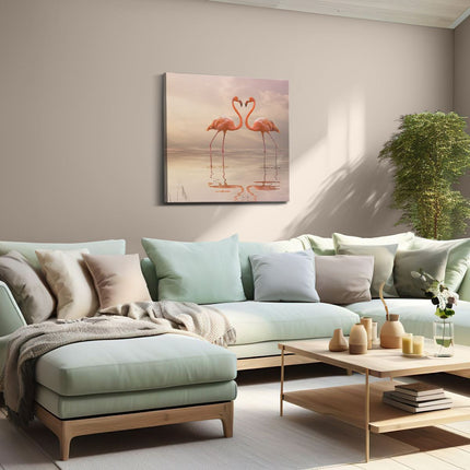 Canvas schilderij woonkamer Twee Flamingo's in een Hartjes Vorm 