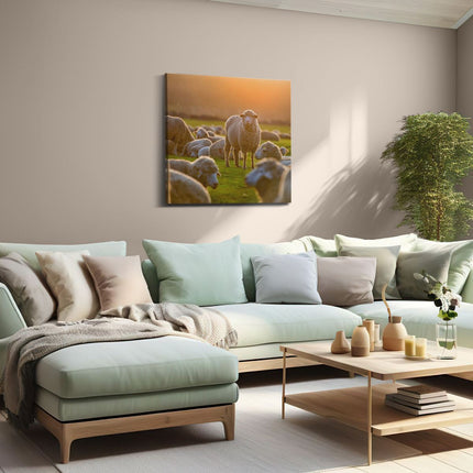 Canvas schilderij woonkamer Kudde Schapen bij Zonsondergang