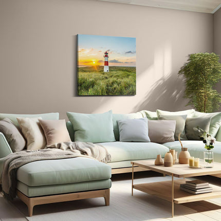 Canvas schilderij woonkamer Vuurtoren met Zonsopgang op een Eiland