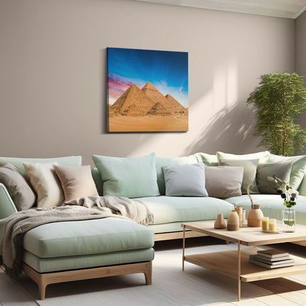Canvas schilderij woonkamer Egyptische Piramides bij Zonsondergang