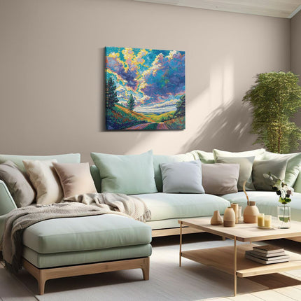 Canvas schilderij woonkamer Kleurrijk Kunstwerk van een Onverharde Weg onder een Bewolkte Hemel