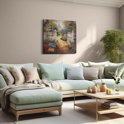 Canvas schilderij woonkamer Kunstwerk van een Witte Poort in een Tuin