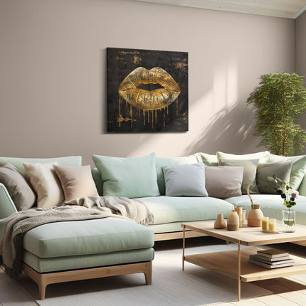 Canvas schilderij woonkamer Gouden Lippen op een Zwarte Achtergrond