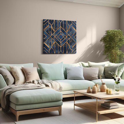 Canvas schilderij woonkamer Art Decopatroon in Blauw en Goud