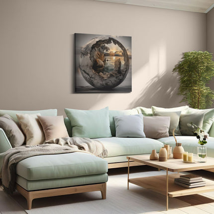 Canvas schilderij woonkamer Bol met Rotsen en een Zonsondergang