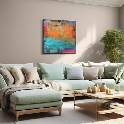 Canvas schilderij woonkamer Abstract Kunstwerk met Blauwe, Oranje en Paarse Kleuren