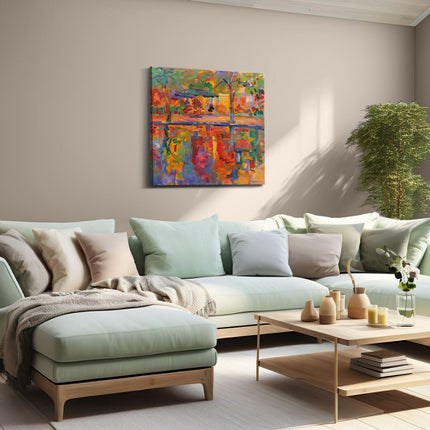 Canvas schilderij woonkamer Kleurrijk Kunstwerk van een Vijver en Bomen