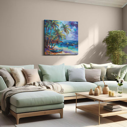 Canvas schilderij woonkamer Kunstwerk van een Strand met Boten en Palmbomen