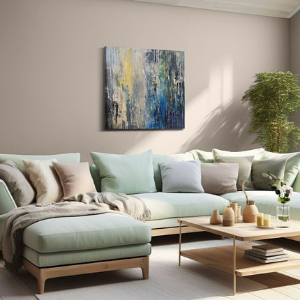 Canvas schilderij woonkamer Abstract Kunstwerk met Blauwe, Gele en Zwarte Druppels