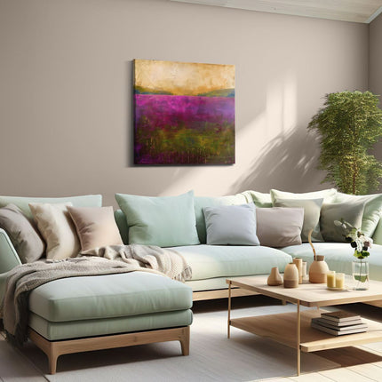 Canvas schilderij woonkamer Abstract Kunstwerk van een Paars en Goudlandschap