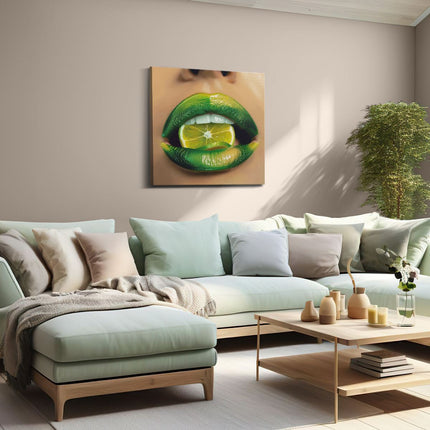 Canvas schilderij woonkamer Vrouwenlippen met een Schijfje Limoen Erop