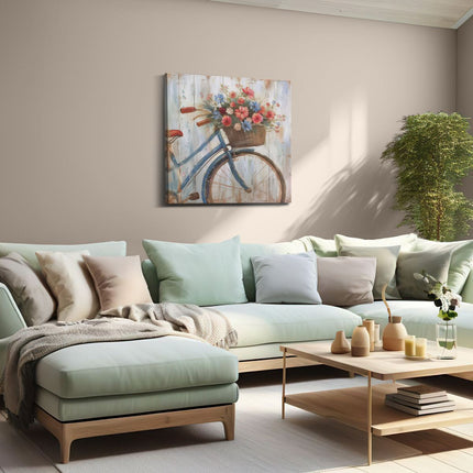 Canvas schilderij woonkamer Kunstwerk van een Fiets met Bloemen in een Mand