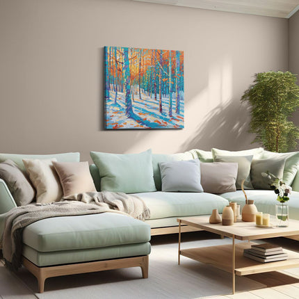 Canvas schilderij woonkamer Kunstwerk van een Besneeuwd Bos bij Zonsondergang