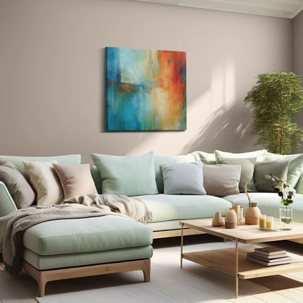 Canvas schilderij woonkamer Abstract Kunstwerk met Blauwe, Oranje en Rode Kleuren