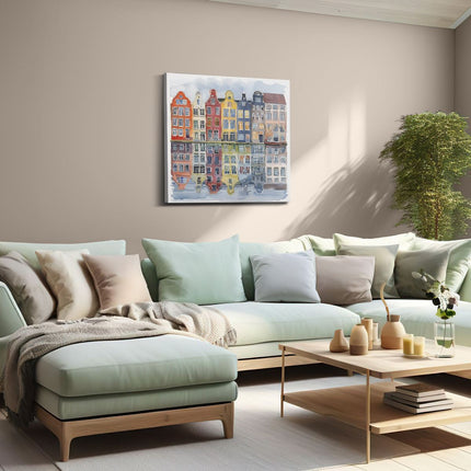 Canvas schilderij woonkamer Kleurrijke Huizen Weerspiegeld in een Watermassa