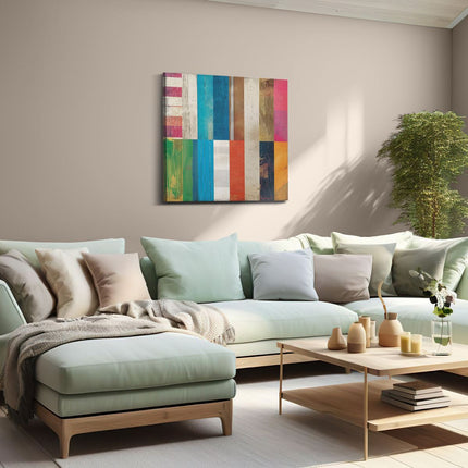 Canvas schilderij woonkamer Kleurrijke Strepen op een Houten Achtergrond