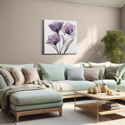 Canvas schilderij woonkamer Drie Paarse Bloemen op een Witte Achtergrond