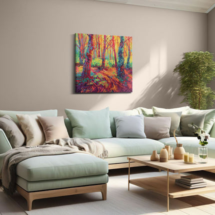 Canvas schilderij woonkamer Kleurrijk Kunstwerk van Bomen in een Bos