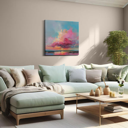 Canvas schilderij woonkamer Kunstwerk van een Zonsondergang met Roze en Blauwe Wolken
