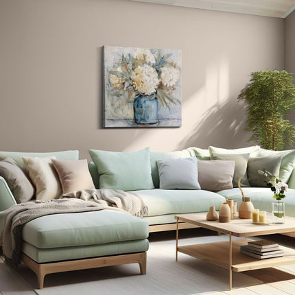 Canvas schilderij woonkamer Witte Bloemen in een Blauwe Vaas