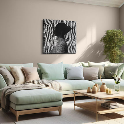 Canvas schilderij woonkamer Silhouet van een Vrouw voor een Zebrapatroon