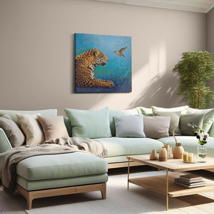 Canvas schilderij woonkamer Kunstwerk van een Jaguar en een Kolibrie