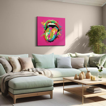 Canvas schilderij woonkamer De Tong van de Rollende Stenen op een Roze Achtergrond