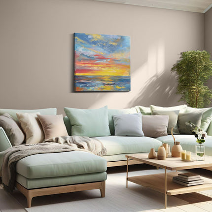 Canvas schilderij woonkamer Olieverfschilderij van een Zonsondergang boven de Oceaan