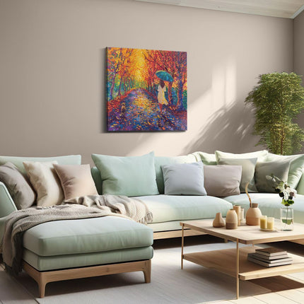 Canvas schilderij woonkamer Vrouw loopt een Pad Af met een Paraplu