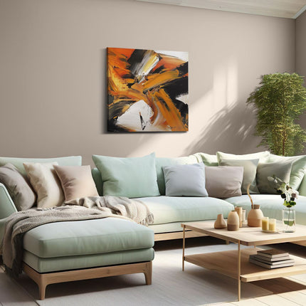 Canvas schilderij woonkamer Abstract Kunstwerk met Oranje en Zwarte Strepen