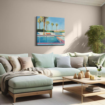 Canvas schilderij woonkamer Kunstwerk van een Zwembad met Palmbomen