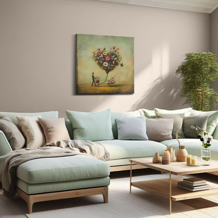 Canvas schilderij woonkamer Man die een Kar Voortduwt met een Hartvormig Boeket Bloemen