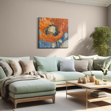 Canvas schilderij woonkamer Oranje Papaver op een Blauwe Achtergrond