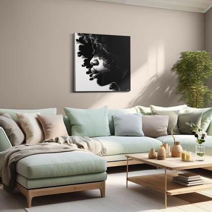 Canvas schilderij woonkamer Zwart Wit Tekening van een Vrouw met Afrohaar