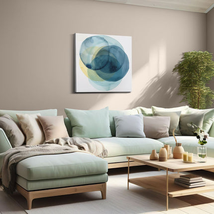 Canvas schilderij woonkamer Blauwe, Gele en Witte Cirkels op een Witte Achtergrond
